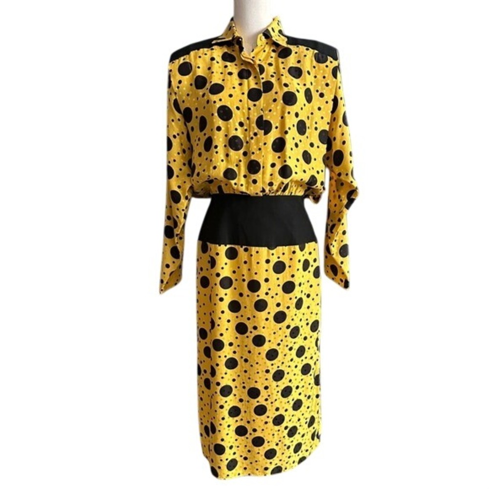 Vtg 80s Lillie Rubin 100% Silk Polka Dot Midi Dress Yellow Black Size 8